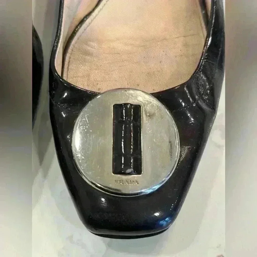 Prada Logo Black Patent Square Toe Low Block Heels Pumps Size 40 - Picture 2 of 12